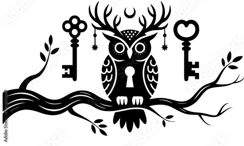 Mystical owl silhouette with deer antlers perched on a tree branch, occult bird illustration with keyhole, skeleton keys, and crescent moon for gothic mystery and esoteric wisdom