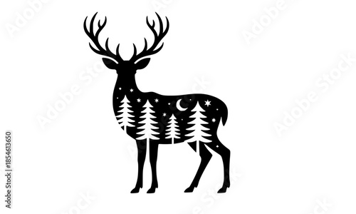Majestic stag silhouette with double exposure forest and night sky, deer standing with pine trees, crescent moon, and stars inside body for mystical nature and wilderness art