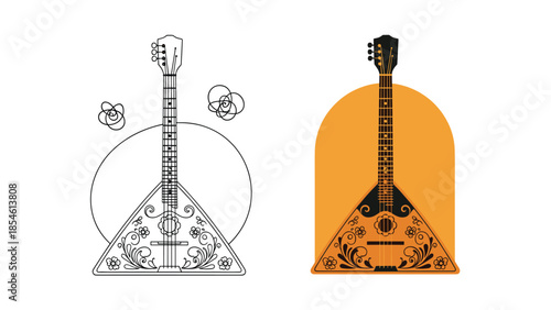 Set of two Russian balalaika illustrations featuring one in detailed line art and one in a colorful flat design style.