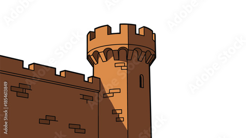 Close-up illustration of a brown medieval castle tower and crenelated wall section is isolated on a white background.