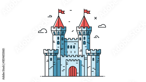 Beautifully designed medieval castle illustration with two main towers, red flags, and soft blue coloring on a white background.
