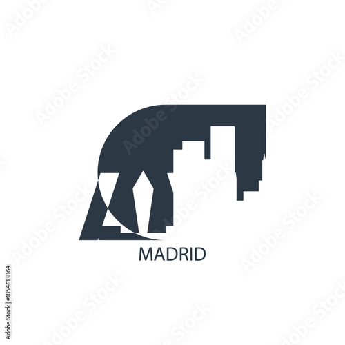 Madrid logo, clip art with cityscape, skyline, panorama, skyscrapers. Vector flat isolated illustration. Spain city image with landmarks and buildings