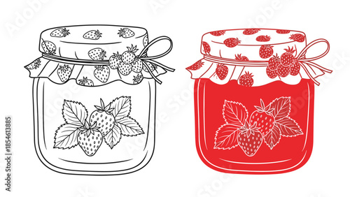 Pair of strawberry jam jars with one in outline and one in red color featuring detailed fruit and leaf illustrations.
