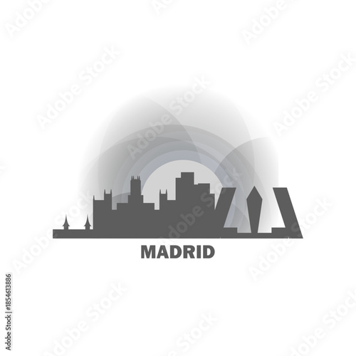 Madrid logo, clip art with cityscape, skyline, panorama, skyscrapers. Vector flat isolated illustration. Spain city image with landmarks and buildings