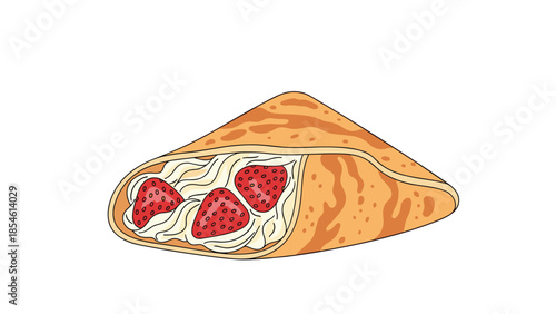 Delicious illustration of a folded crepe filled with whipped cream and fresh strawberries is isolated on a white background.