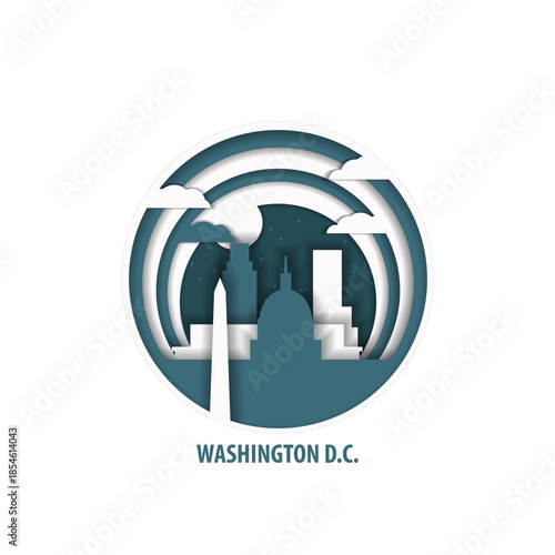 Washington D.C. USA paper cut, cityscape crafted vector illustration. Origami, layered art of city with skyline, buildings, landscape shape for sticker, badge, web, print