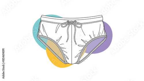 Line art illustration of men's swim trunks with a drawstring waist and colorful abstract shapes in the background.