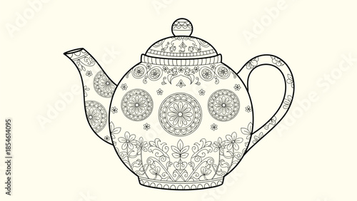 Intricately designed line art illustration of a traditional teapot with floral and geometric patterns on a cream background.
