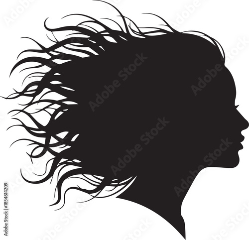 Silhouette profile of a woman with windblown curly hair