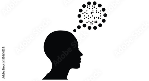 A striking black silhouette of a human head with a scattering of dots emerging from it silhouette