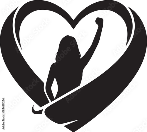 Silhouette of a woman with raised fist inside a stylized heart symbol