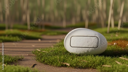 A smooth, minimalist white oval object with a blank rectangular panel rests peacefully on a lush green path, nestled in a serene, blurred natural environment, evoking a sense of calm and potential