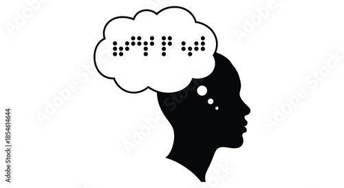 A person s head in profile with a thought bubble displaying braille dots silhouette