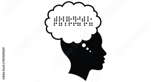 A striking black silhouette of a human head with a thought bubble containing braille silhouette