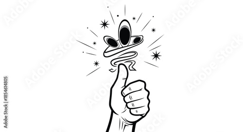 Positive thumbs up hand gesture illustration with magic swirls and sparkling stars representing success, approval, and good luck.