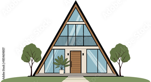 Modern A-frame house architecture illustration with large glass windows and minimalist design set between two small green trees.