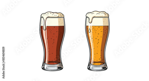 Two tall glasses of different beer styles with thick white foam including dark ale and golden lager on a plain white background.