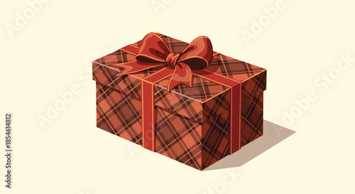 Classic rectangular gift box featuring a brown and black plaid pattern decorated with a luxurious red satin ribbon and an elegant bow.