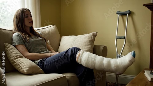 Woman with Leg Cast and Crutches Resting at Home