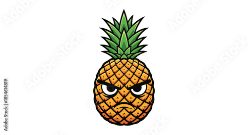 Angry pineapple cartoon character with a frowning face and furrowed eyebrows isolated on a plain white background for funny design.