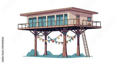 Modern wooden treehouse elevated on tall trunks with large glass panels and a balcony decorated with festive triangular bunting flags.