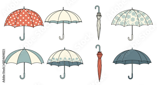 Diverse collection of umbrellas in various colors and patterns shown in both open and closed positions for different weather conditions.