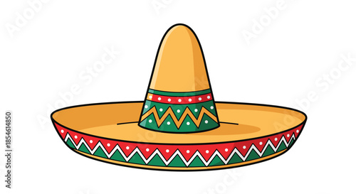 Traditional wide-brimmed Mexican sombrero hat decorated with colorful green red and white geometric patterns on a plain white background.