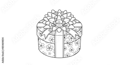 Intricate line art drawing of a round gift box covered in cherry blossom patterns and topped with a large decorative pom-pom bow.