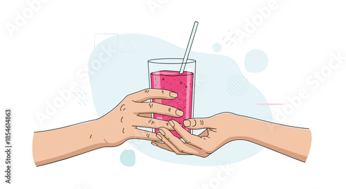 Two hands carefully holding a tall glass of healthy pink fruit smoothie with a drinking straw against a minimalist abstract background.