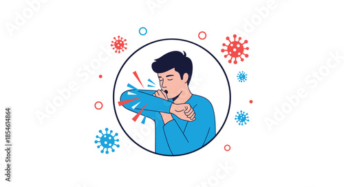 Young man practicing safe hygiene by coughing into his elbow inside a circular frame surrounded by various virus and bacteria icons.