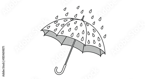 Simple black and white line drawing of an open umbrella with many raindrops falling on top of it representing a rainy weather scene.