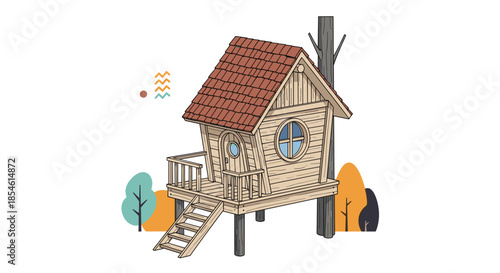 Charming wooden treehouse built into a large tree trunk with a small porch and ladder surrounded by autumn colored foliage elements.