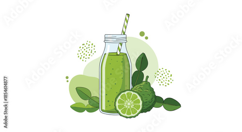 Healthy green detox smoothie in a clear glass bottle accompanied by fresh bergamot fruit and leaves on an abstract green background.