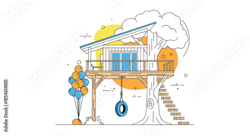 Artistic line drawing of a contemporary treehouse structure featuring large windows a tire swing hanging below and a bunch of balloons.