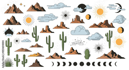 Comprehensive collection of desert landscape elements such as mountains saguaro cacti suns clouds and moon phases in a flat graphic style.