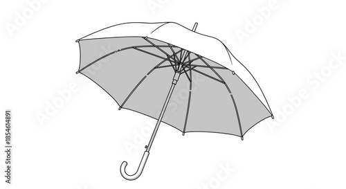 Bottom view perspective of an open umbrella showing the internal frame structure and fabric panels in a clean black and white line style.