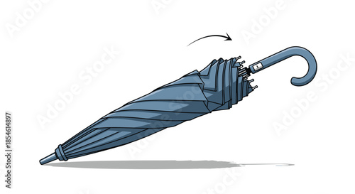 Detailed illustration of a dark blue folded umbrella with a curved handle and an arrow showing the closing motion for a product guide.