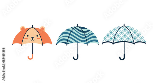 Trio of decorative umbrellas featuring a cute bear face design wavy blue stripes and a geometric floral pattern for kids and adults.