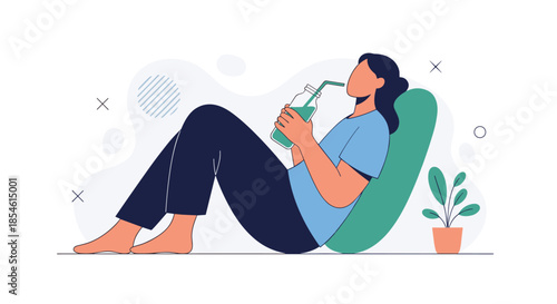 Person reclining and relaxing while drinking healthy green smoothie from glass jar in tranquil home environment art.