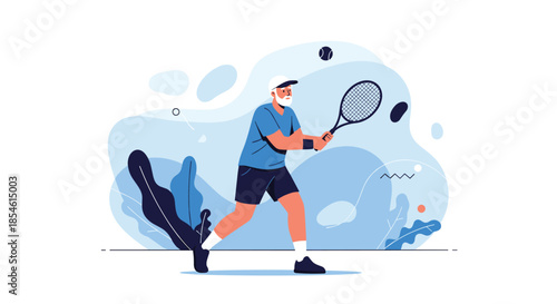 Elderly man playing tennis with racket in dynamic action pose against abstract blue artistic background design art.