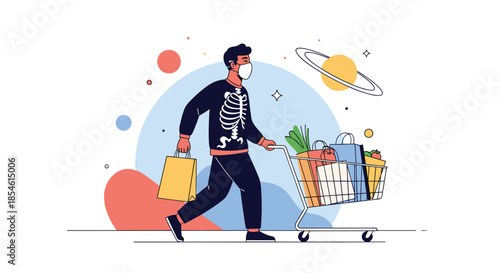 Man wearing mask and skeleton sweater shopping for groceries during pandemic in futuristic space setting concepts.