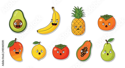 Collection of various fruit sticker characters with funny expressive faces including avocado banana and fresh pear.