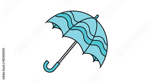 Stylish blue umbrella with wavy dark patterns representing rain protection and autumn weather fashion accessory.
