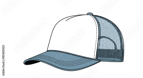 Classic grey and white trucker cap with mesh back designed as casual sports or outdoor fashion accessory for men.