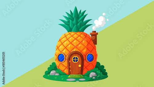 Whimsical pineapple-shaped house with a charming entrance, nestled among green bushes under a bright blue and light green sky