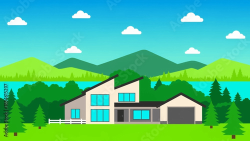 Vibrant Cartoon Home with Modern Architecture Surrounded by Lush Greenery and Serene Landscape