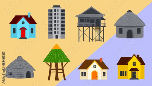 Collection of diverse architectural styles and housing types from around the world
