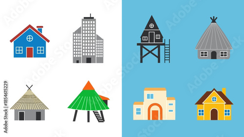 Collection of diverse residential and commercial buildings including houses, skyscrapers, and traditional structures