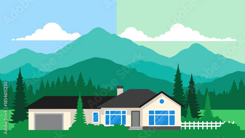 Serene Mountain Landscape with Modern House and Garage