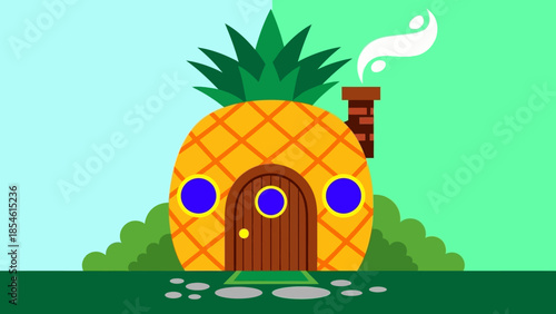 Whimsical Pineapple House Surrounded by Lush Greenery Under a Two-Toned Sky